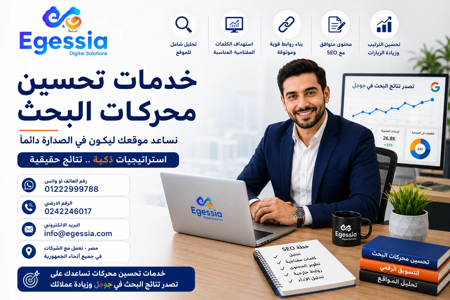 كيف تساعد خدمات تحسين محركات البحث في نمو نشاطك؟ تعتمد خدمات تحسين محركات البحث على خطة متكاملة تستهدف رفع ترتيب الصفحات المهمة داخل موقعك، مما يساعد على زيادة عدد الزيارات المؤهلة وتحسين معدل التحويل وتحقيق عائد أكبر من الاستثمار في الموقع. ومع مرور الوقت تبدأ الصفحات في اكتساب قوة أكبر داخل محركات البحث، خاصة عند تحسين المحتوى بشكل مستمر وربط الصفحات الداخلية بطريقة صحيحة، وهو ما ينعكس على زيادة الظهور أمام العملاء المستهدفين. أهم المزايا التي تحققها خدمات تحسين محركات البحث زيادة الزيارات المجانية. تحسين معدل التحويل. تعزيز ثقة العملاء. تقليل الاعتماد على الإعلانات المدفوعة. الوصول إلى العملاء في مختلف مراحل الشراء. رفع قيمة العلامة التجارية. تحقيق نمو مستدام على المدى الطويل. خدمات تحسين محركات البحث