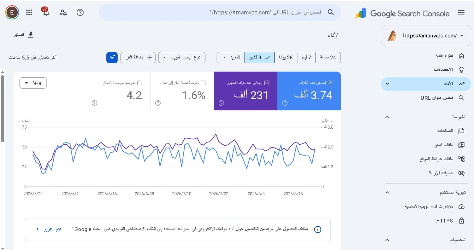 أداء موقع AMAN WPC في Google Search Console خلال 3 أشهر